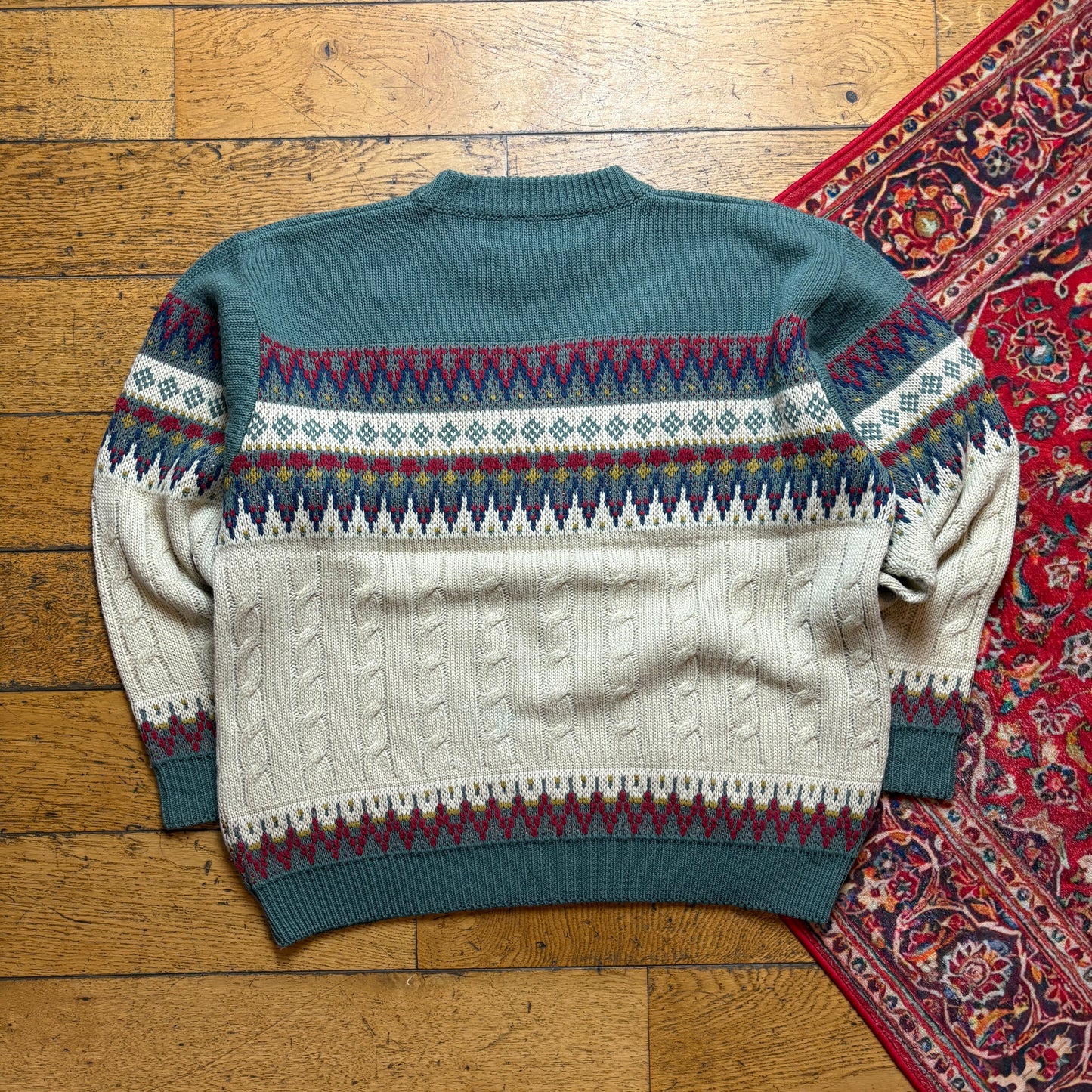 Vintage Green Cream Pattern Wool Chunky Knit Jumper - XL
