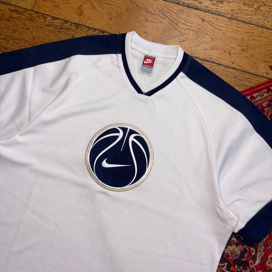 Vintage 90s Nike Basketball White Navy Embroidered T-Shirt - L
