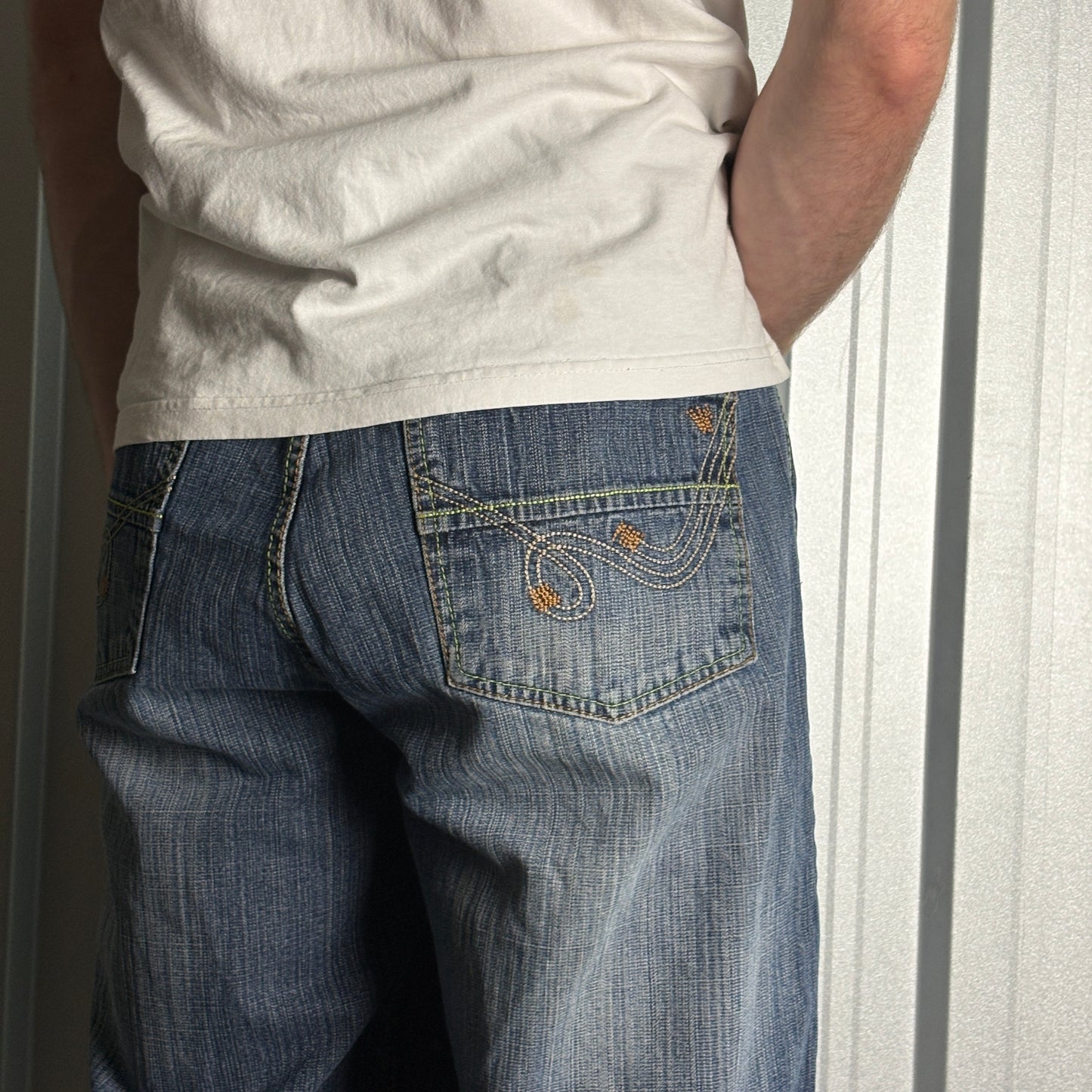 Vintage Indigo 30 Blue Embroidered Y2K Hip Hop Baggy Jeans Shorts Jorts - 40