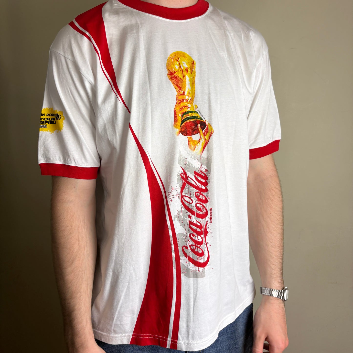 Vintage World Cup White Red Ringer Graphic T-Shirt - L