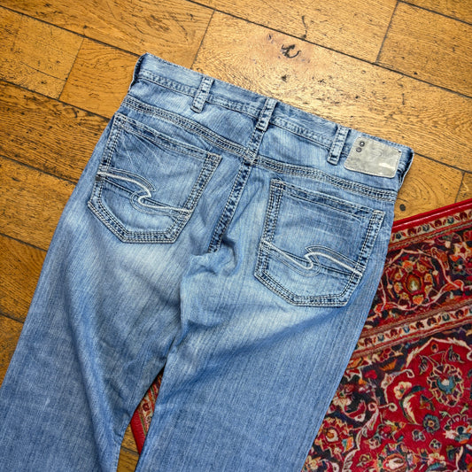 Vintage Blue Embroidered Y2K Hip Hop Baggy Jeans - 36R