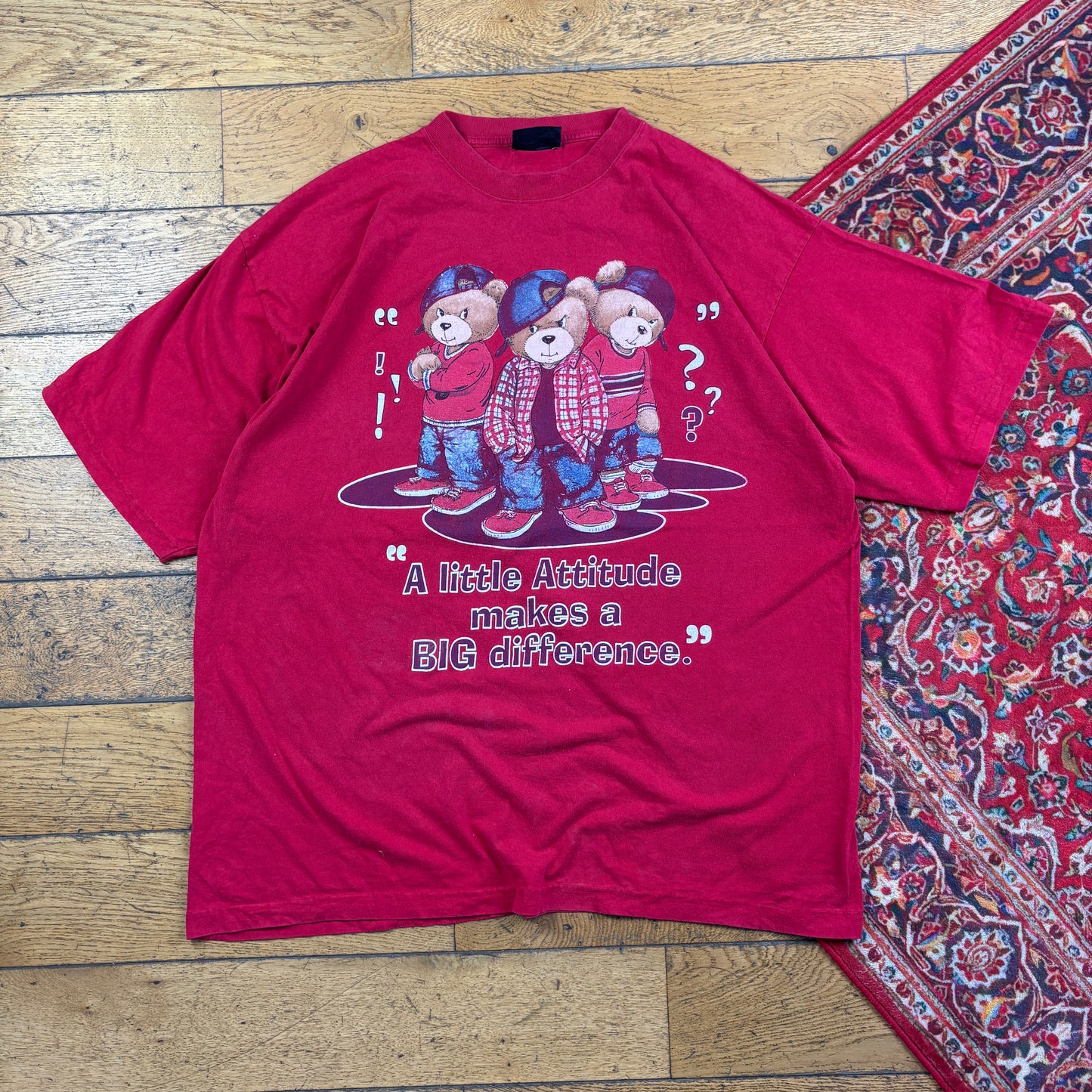 Vintage 90s Attitude Teddy Red Funny Single Stitch Graphic T-Shirt - 2XL