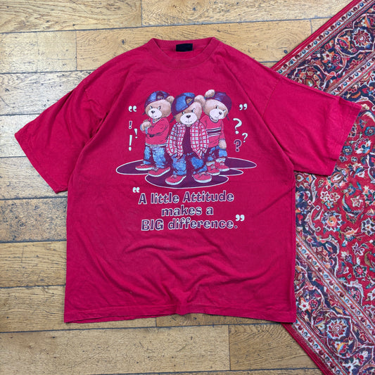 Vintage 90s Attitude Teddy Red Funny Single Stitch Graphic T-Shirt - 2XL