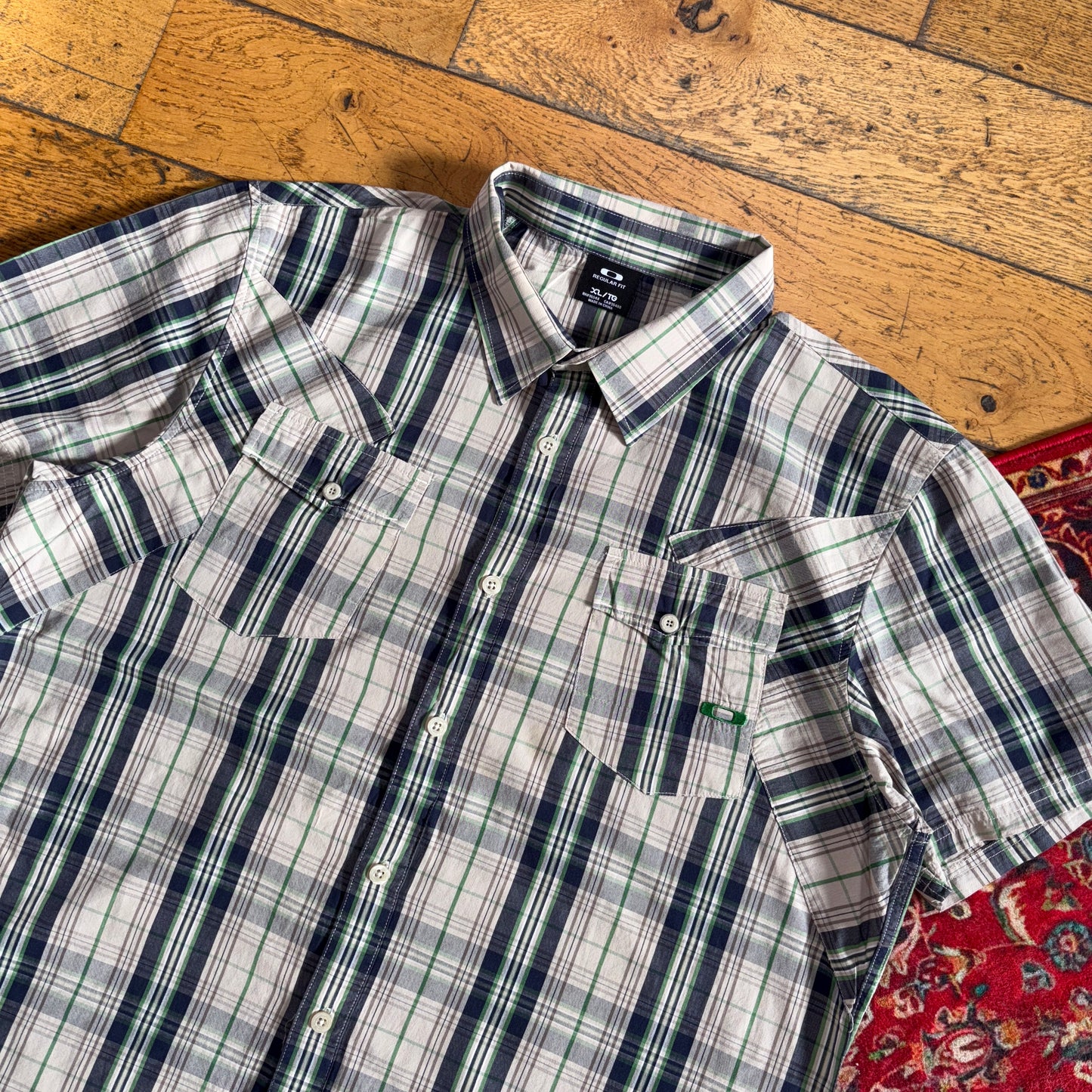 Vintage Oakley Short Sleeve Check Cream Embroidered Shirt - XL