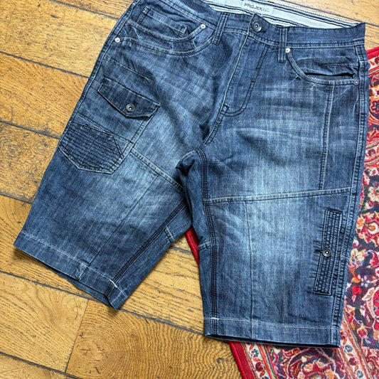 Vintage Blue Double knee Denim Shorts - 34