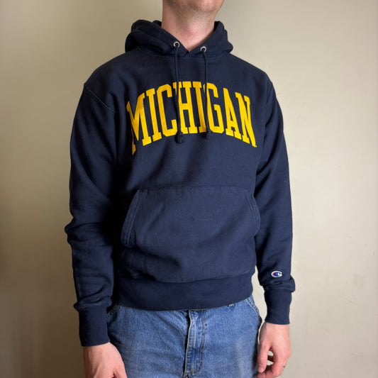 Vintage Champion Reverse Weave Michigan Navy Boxy Spellout Sweatshirt - M