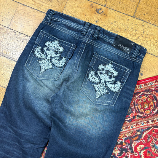 Vintage Blue Embroidered Y2K Hip Hop Bootcut Baggy Jeans - 38