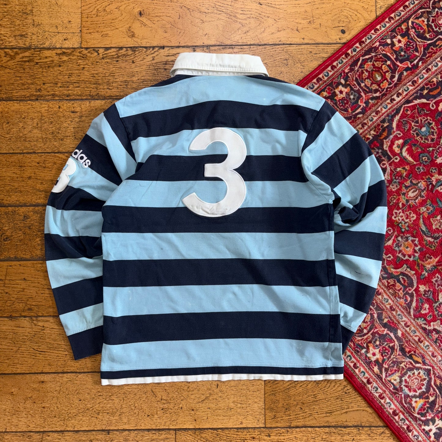 Vintage Adidas Blue Stripe Rugby Polo Shirt - M
