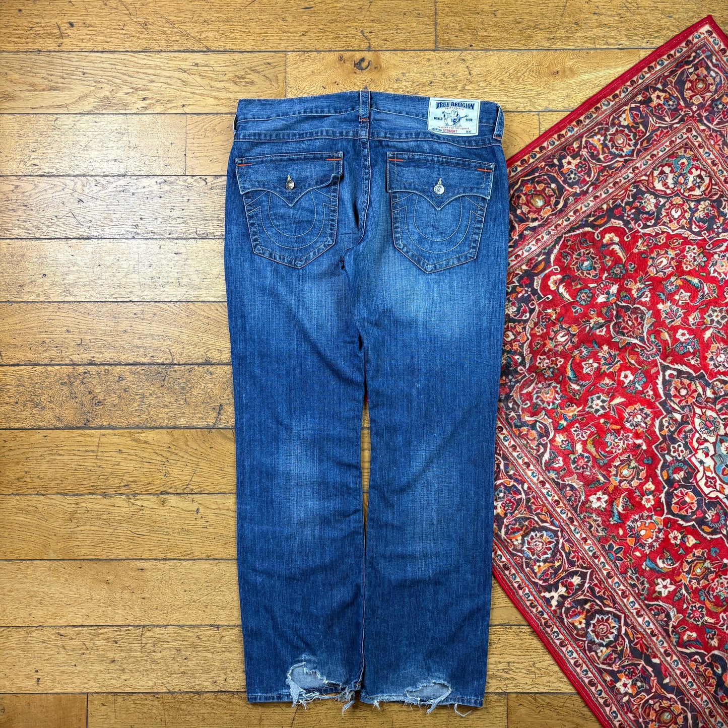 Vintage True Religion Blue Embroidered Y2K Hip Hop Straight Jeans - 42