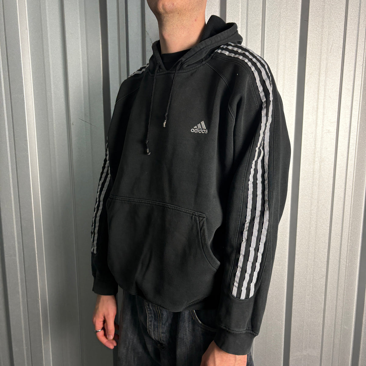 Adidas Black Embroidered Tri Stripe Hoodie Sweatshirt - XL