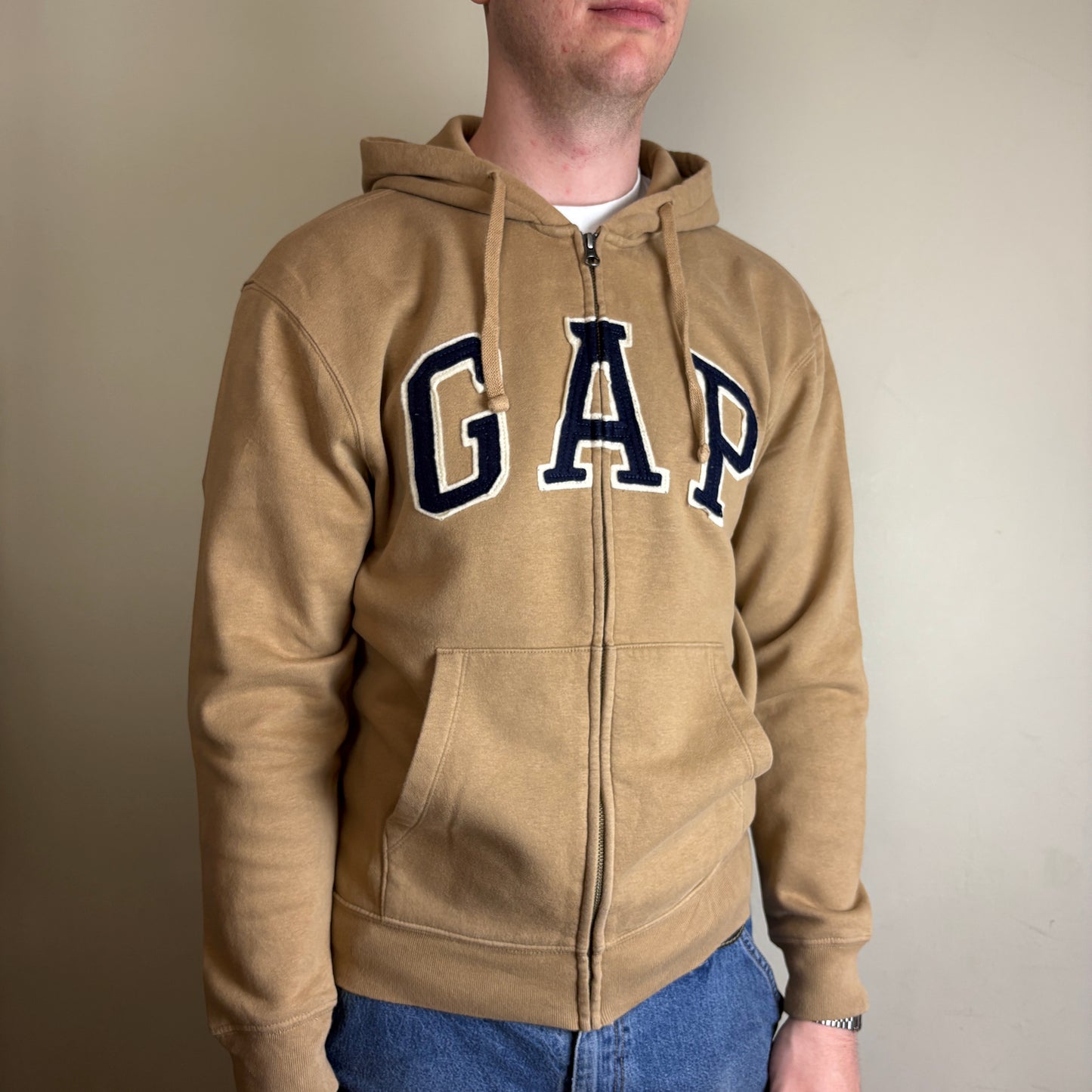 Vintage Gap Brown Spellout Zip Hoodie Embroidered Sweatshirt - S