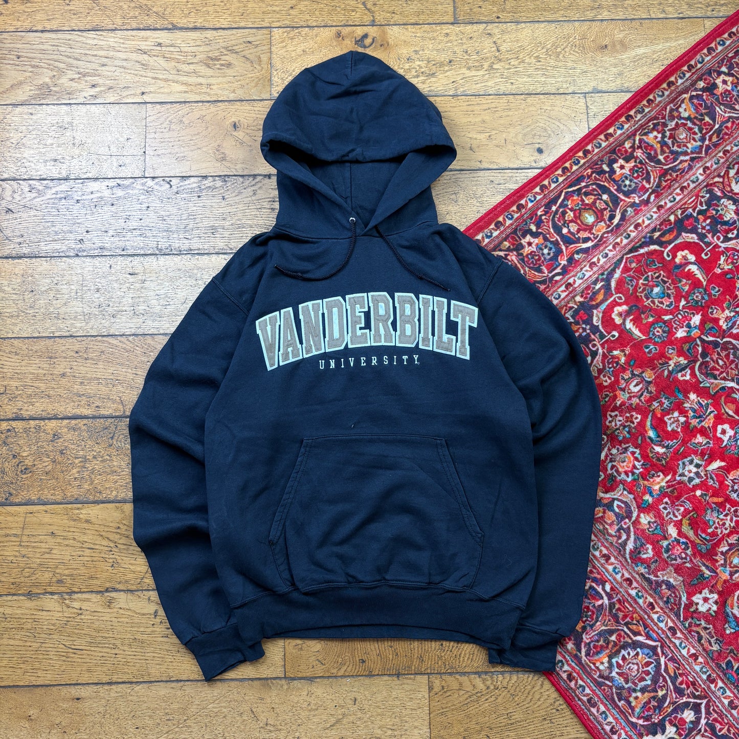 Vintage Champion Black USA College Hoodie Embroidered Sweatshirt - S