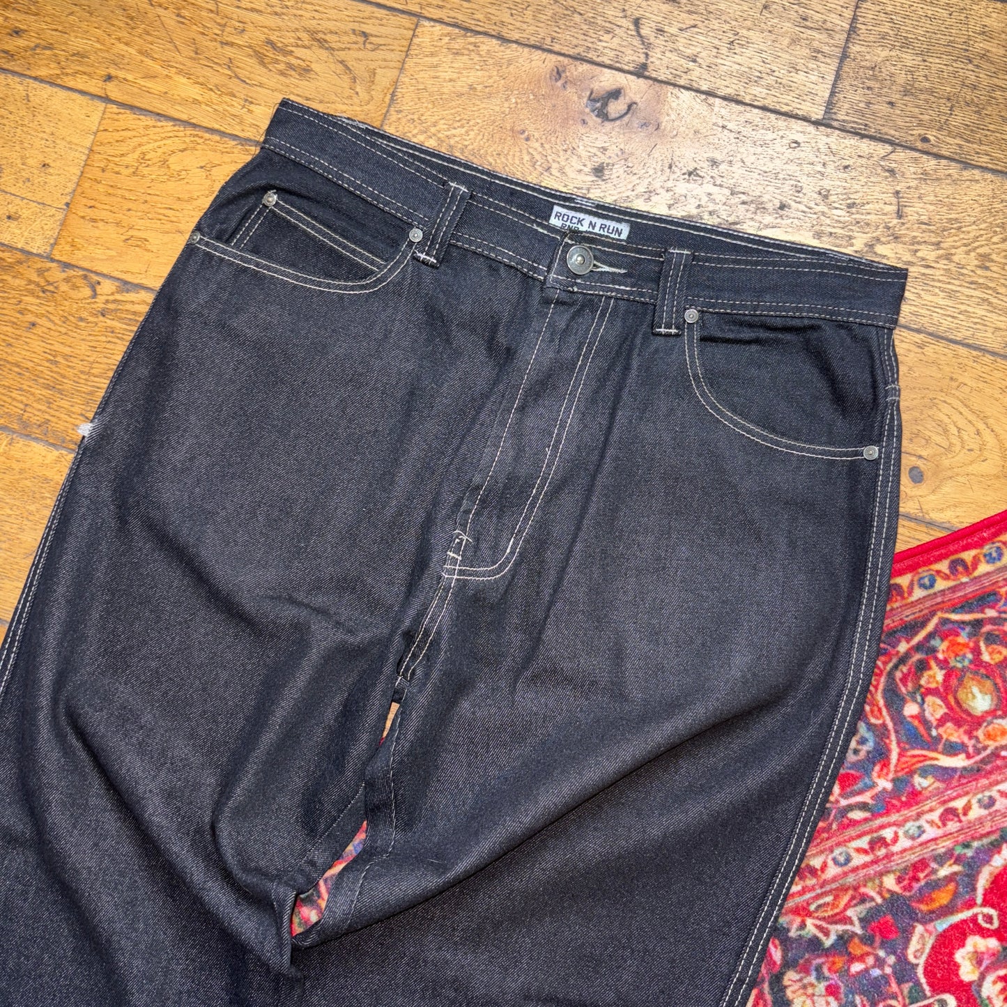 Vintage Black Embroidered Y2K Hip Hop Baggy Jeans - 36L