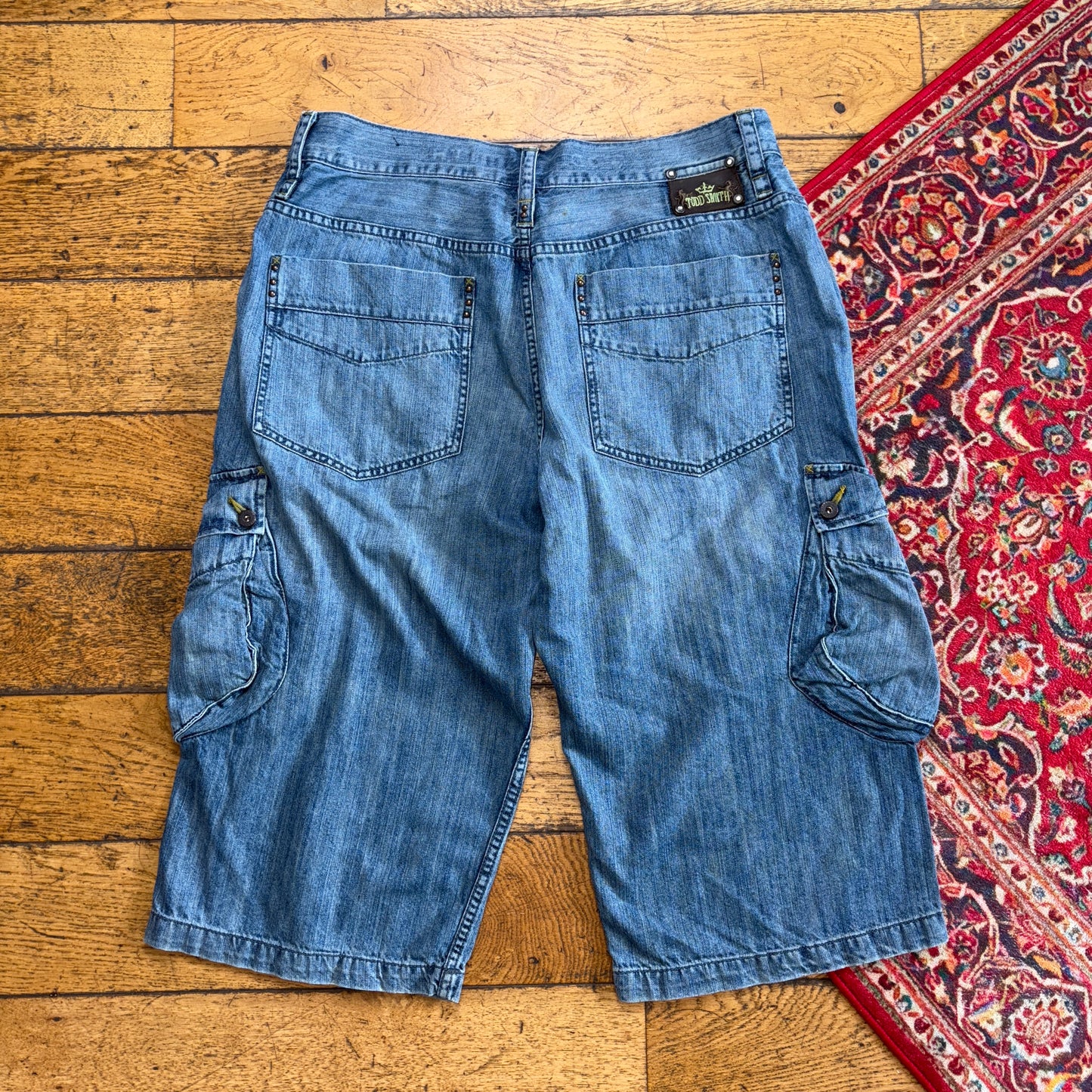 Vintage Blue Cargo Embroidered Y2K Hip Hop Jeans Shorts Jorts - 36
