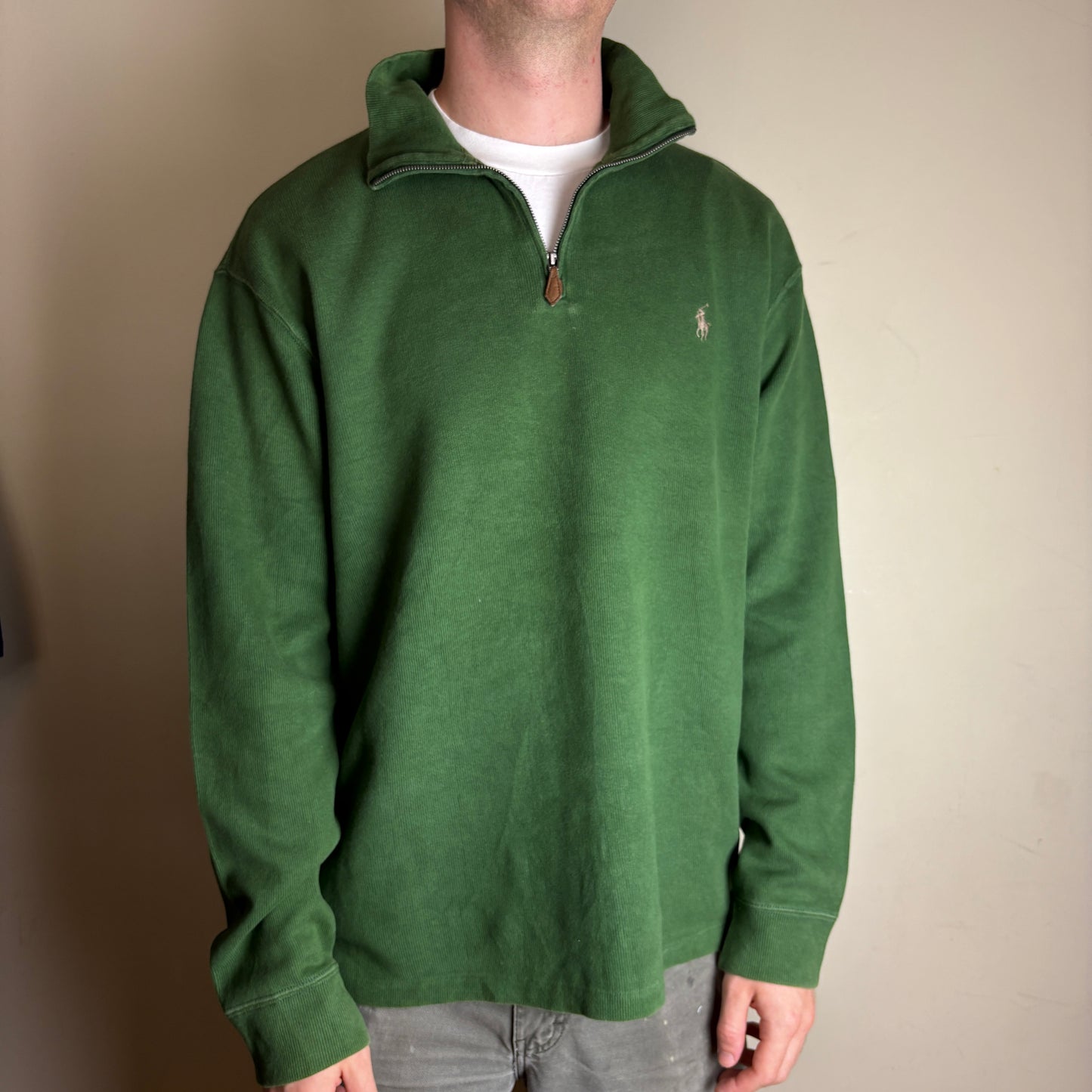 Vintage Ralph Lauren Green Quarter Zip Chunky Knit Jumper - XL