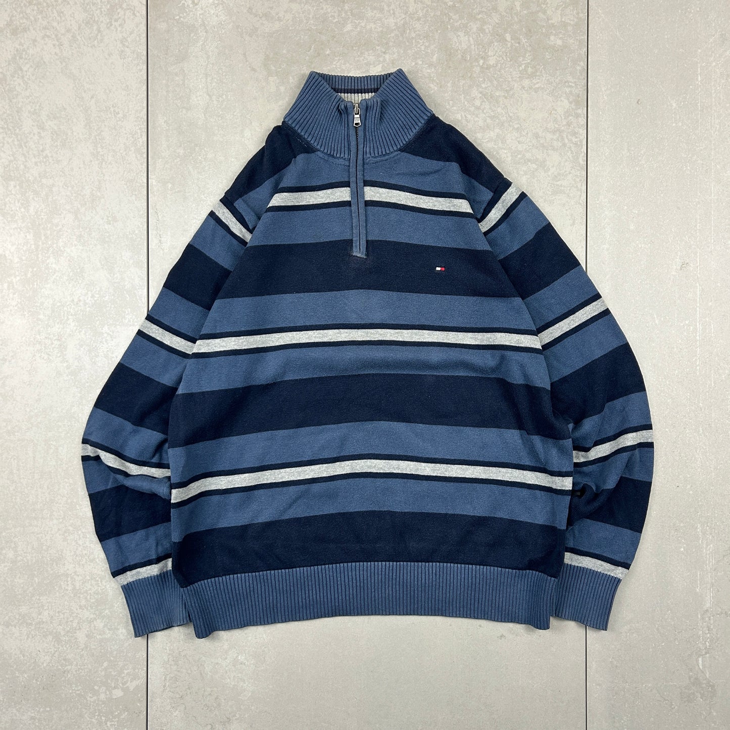 Vintage Tommy Hilfiger Striped Quarter Zip Chunky Knit Blue Jumper - L