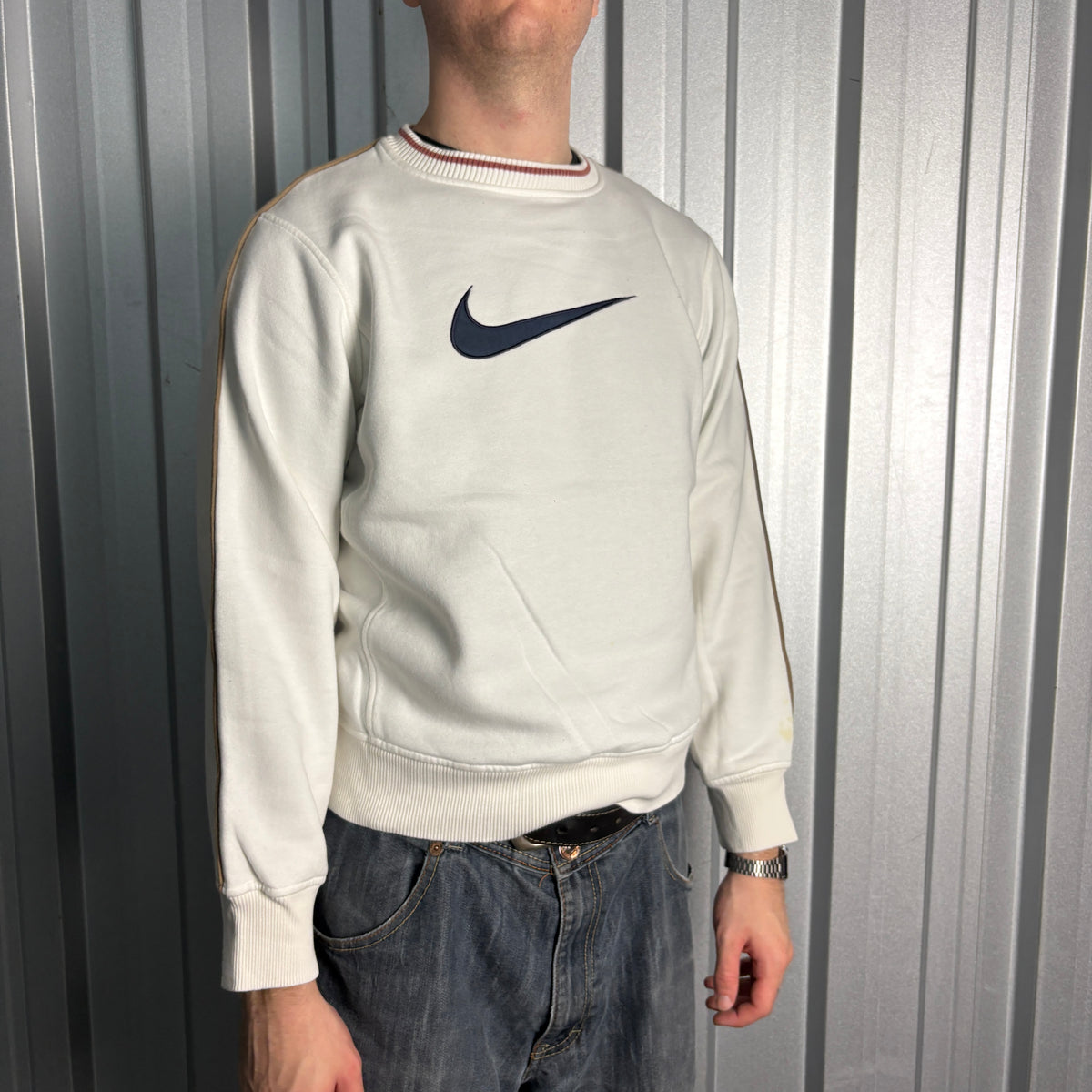 Nike Y2K 00s White Swoosh Embroidered Sweatshirt - S