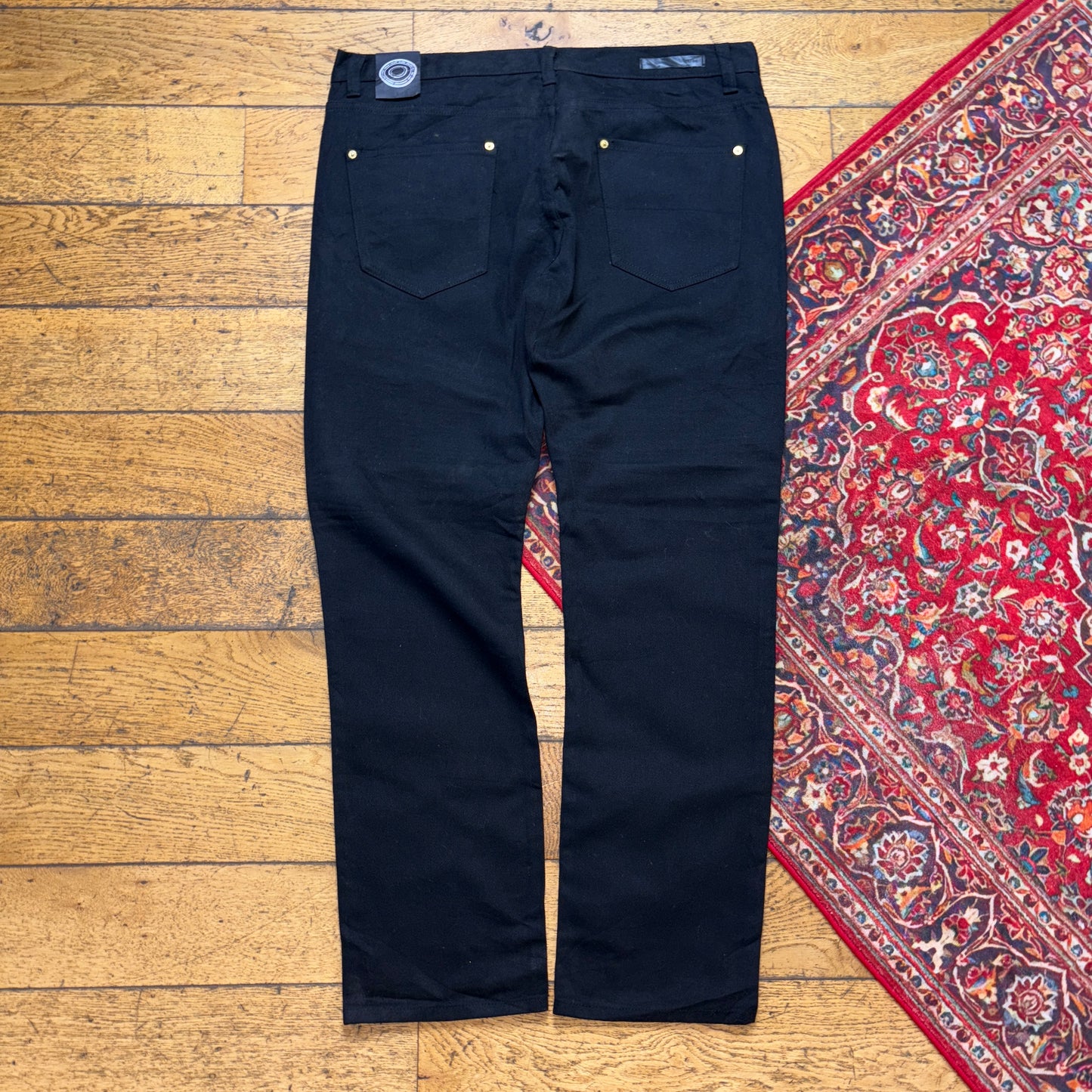 Vintage Black Moto Grunge Embroidered Y2K Hip Hop Straight Jeans - 40L