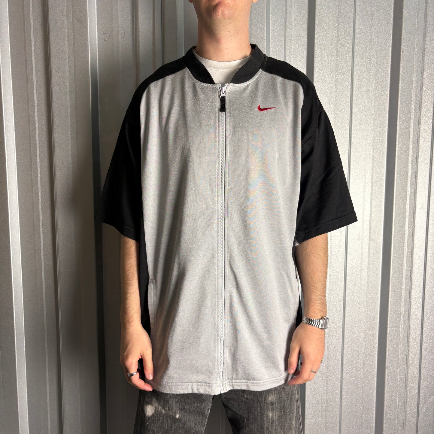 Vintage Nike 90s Basketball Grey Black Raglan Oversized Zip T-Shirt - XL