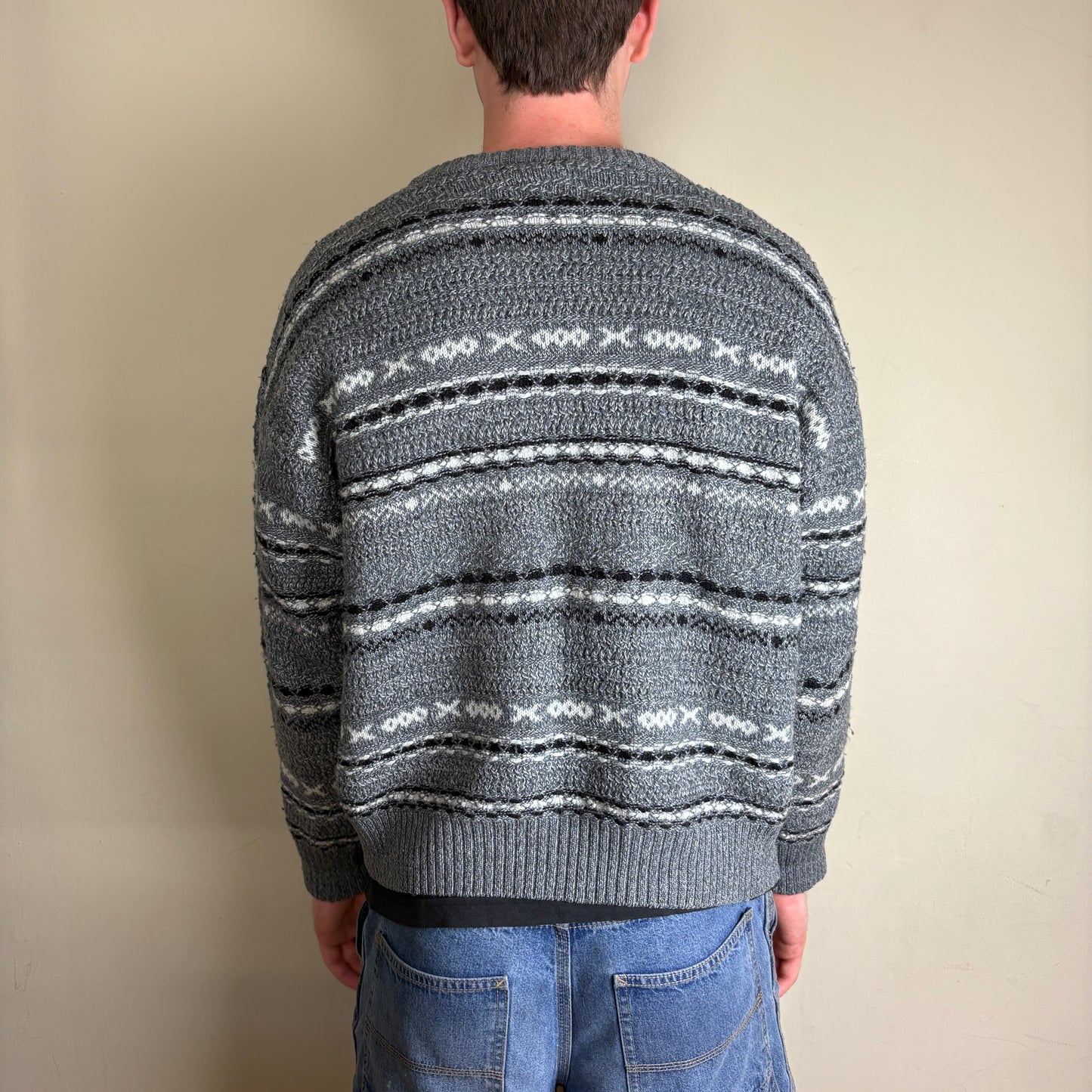 Vintage Burberry Grey Wool Pattern Boxy Chunky Knit Jumper - L