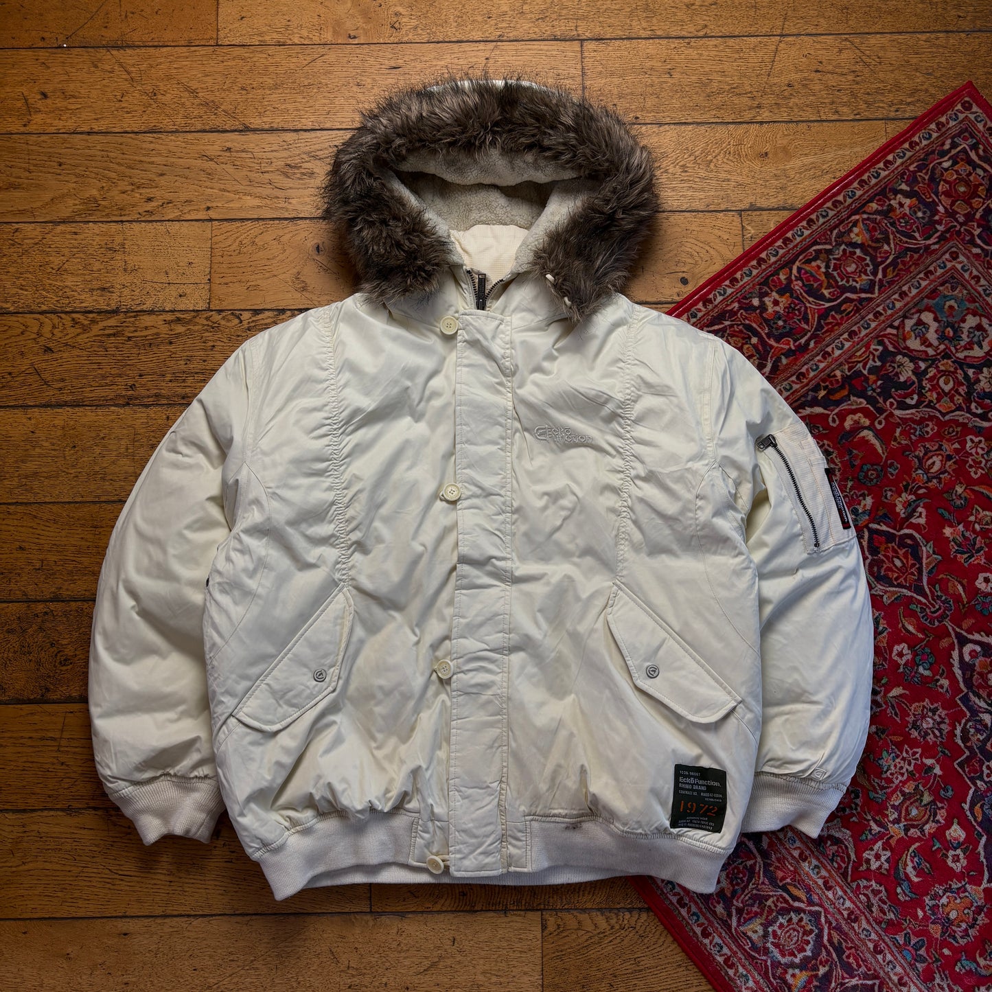 Vintage Ecko Unltd Cream Fur Hood Bomber Aviator Jacket - XL