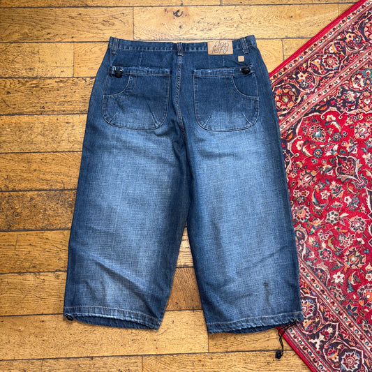 Vintage Blue Embroidered Y2K Hip Hop Baggy Jeans Shorts Jorts - 38