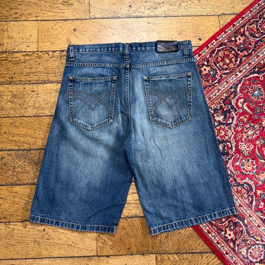 Vintage Blue Embroidered Y2K Hip Hop Baggy Jeans Shorts Jorts - 36