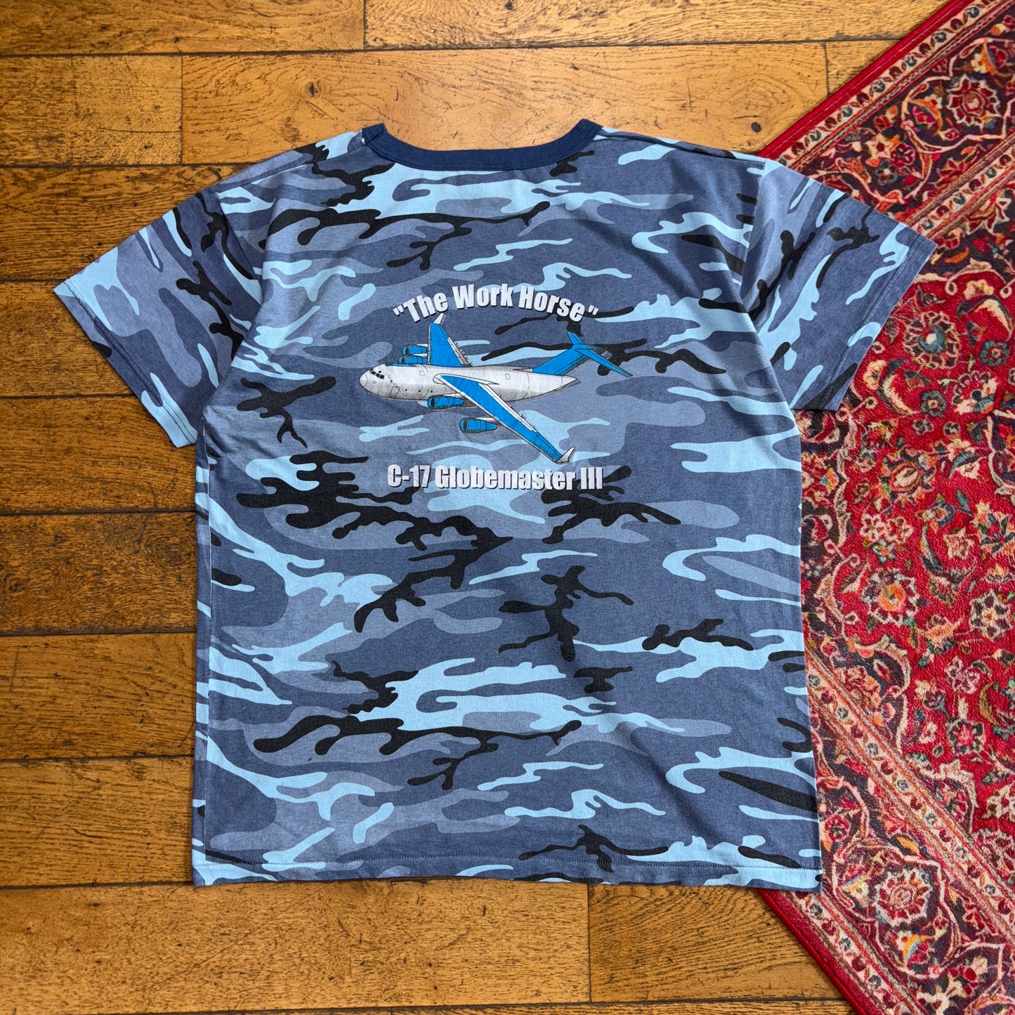 Vintage 90s Blue Camo Plane Single Stitch Graphic T-Shirt - XL
