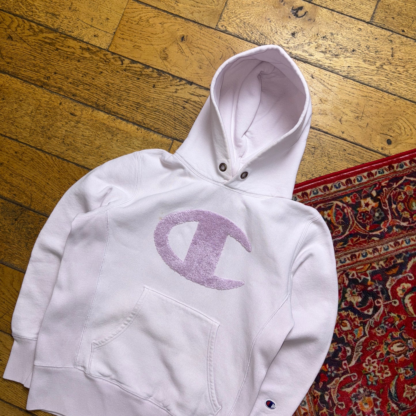 Vintage Champion Pink Hoodie Womens Embroidered Sweatshirt - M