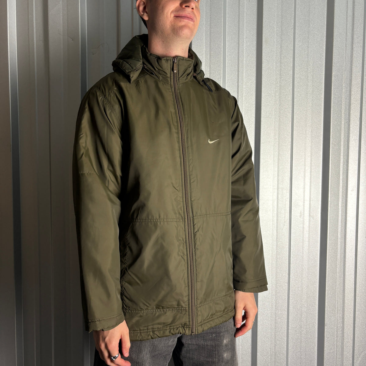 Vintage Nike 00s Y2K Swoosh Green Parka Coat Puffer Jacket - M