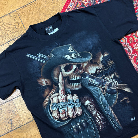 Vintage Wild Funny Skull Cowboy Black Graphic T-Shirt - S