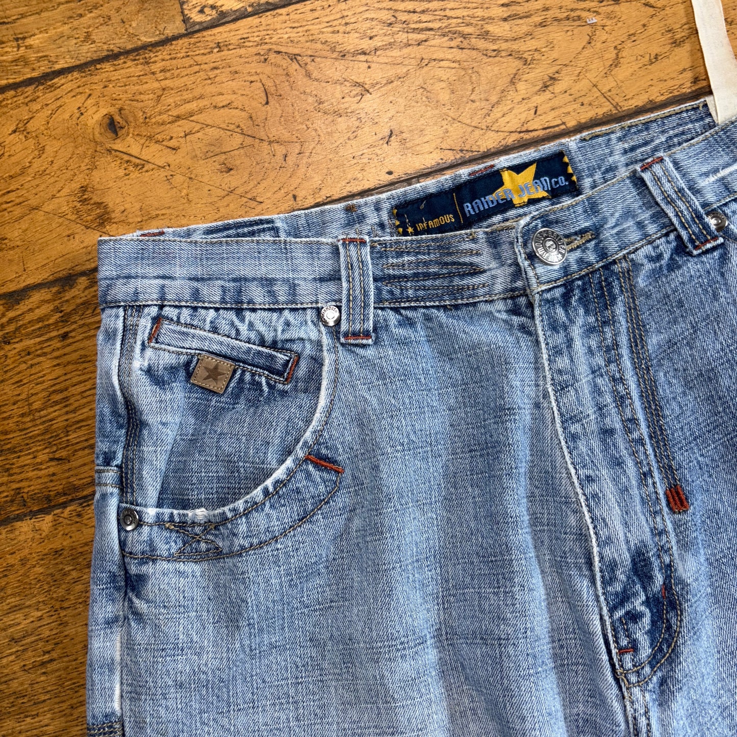 Vintage Raider Jeans Blue Embroidered Y2K Hip Hop Baggy Jeans Shorts Jorts - 36