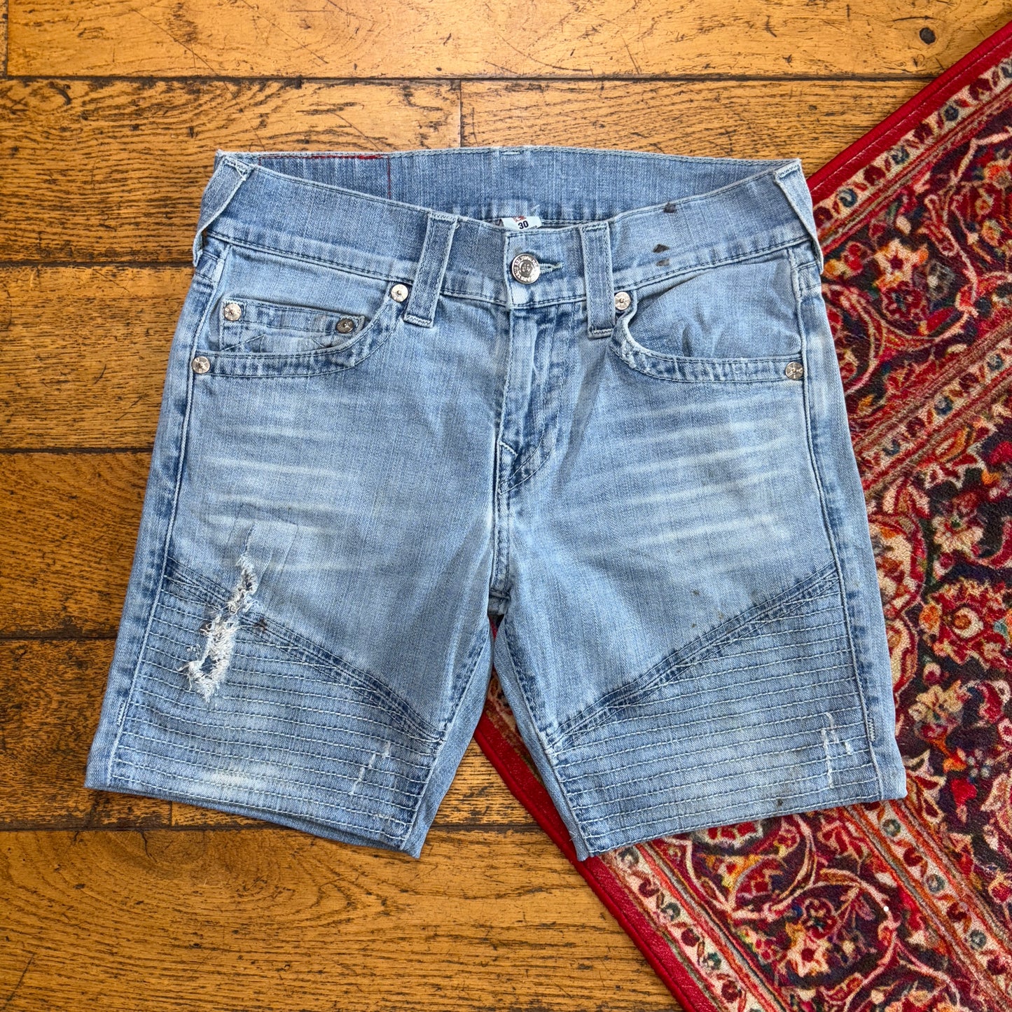 Vintage True Religion Moto Blue Embroidered Y2K Shorts Jorts - 30