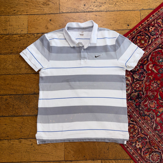 Vintage Nike Grey White Stripe Polo Shirt - S