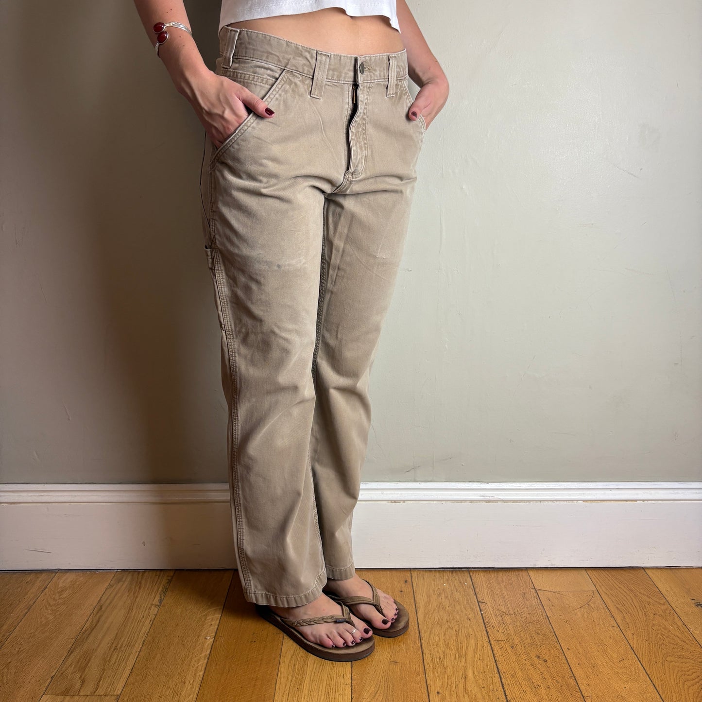 Vintage Carhartt Brown Cream Workwear Carpenter Baggy Trousers - 32S