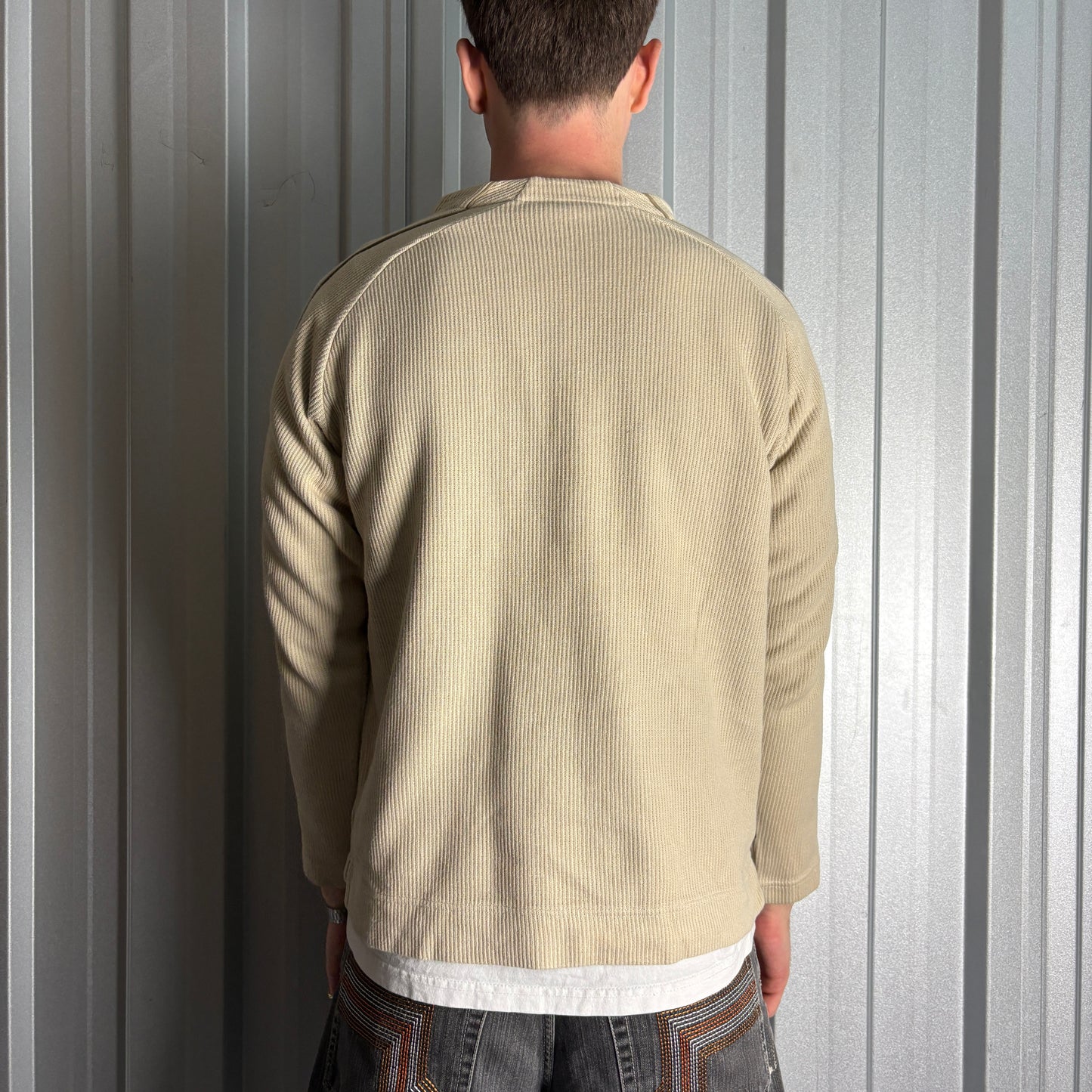 Vintage Nike Y2K 00s Cream Ribbed Swoosh Embroidered Sweatshirt - M