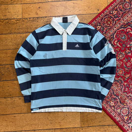 Vintage Adidas Blue Stripe Rugby Polo Shirt - M