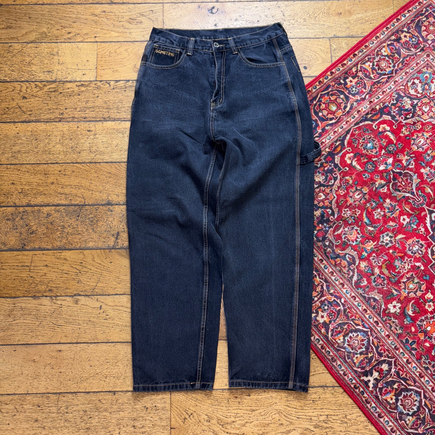 Vintage Black Embroidered Y2K Hip Hop Baggy Jeans - 32S