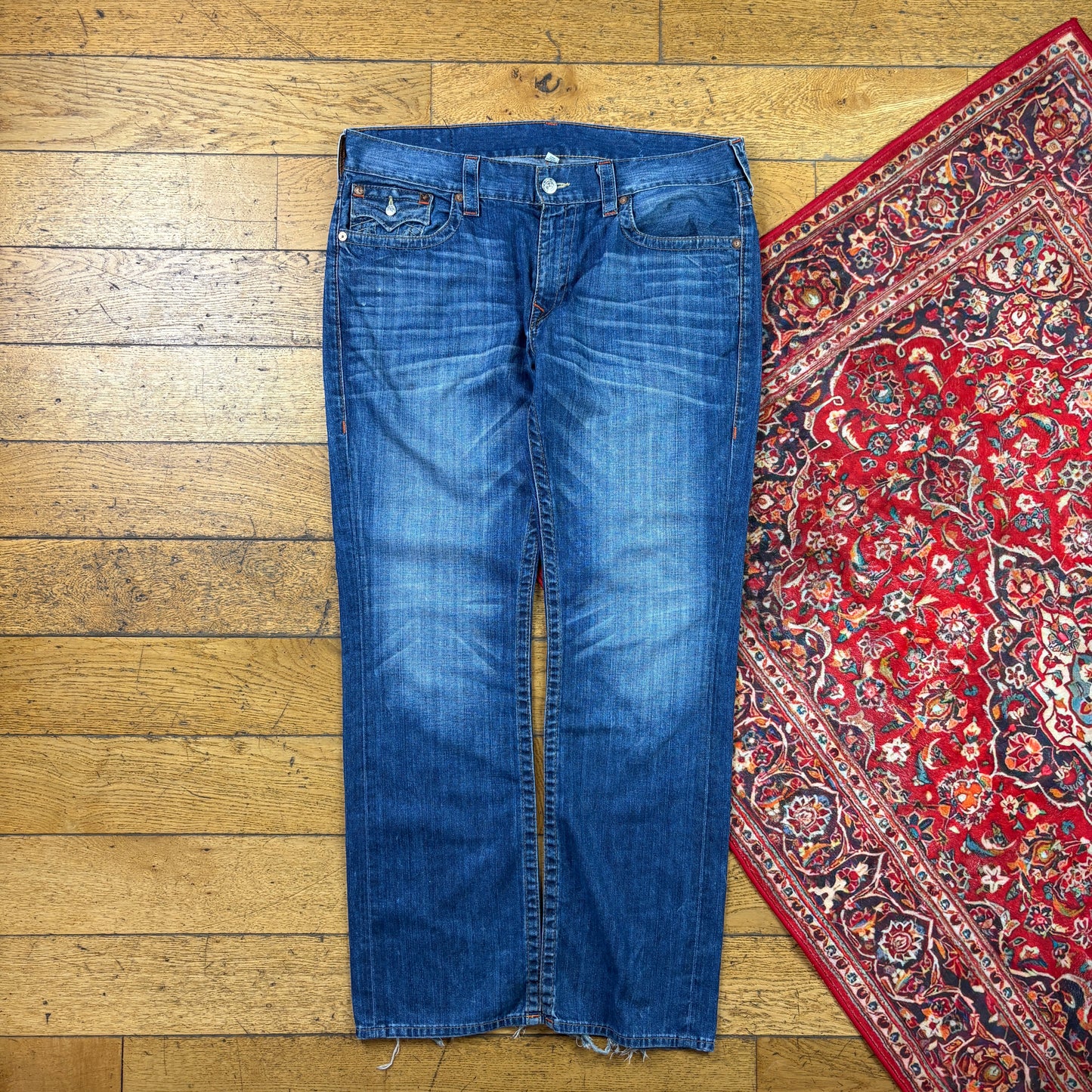 Vintage True Religion Blue Embroidered Y2K Hip Hop Straight Jeans - 42