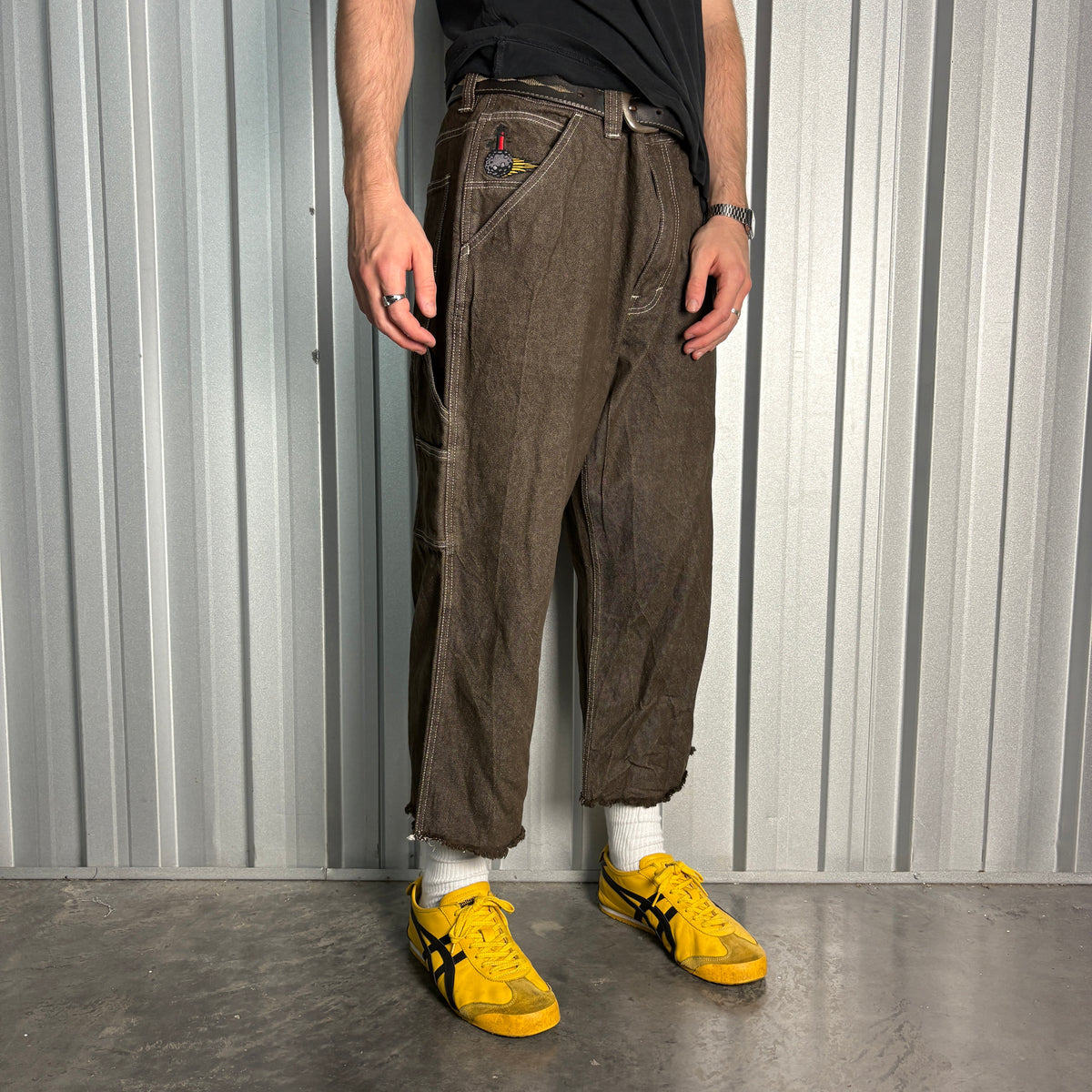 Vans Brown Skate Cut Off Embroidered Japanese Denim Hip Hop Y2K Baggy Jeans - 38
