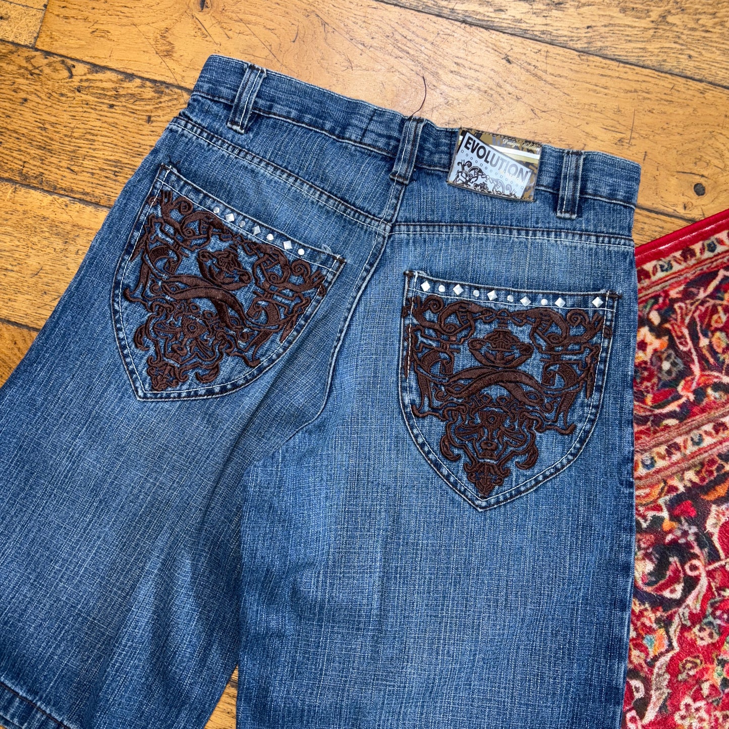 Vintage Evolution in Design Embroidered Hip Hop Blue Baggy Shorts Jorts - 32