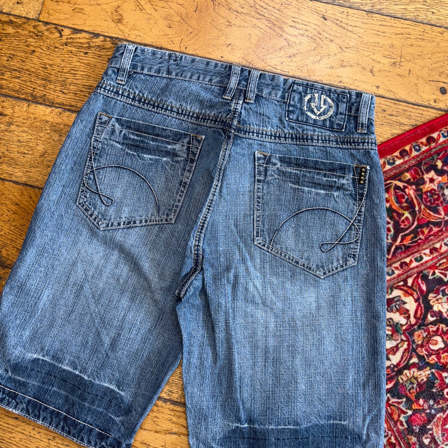 Vintage Embroidered Blue Hip Hop Baggy Shorts Jorts - 32