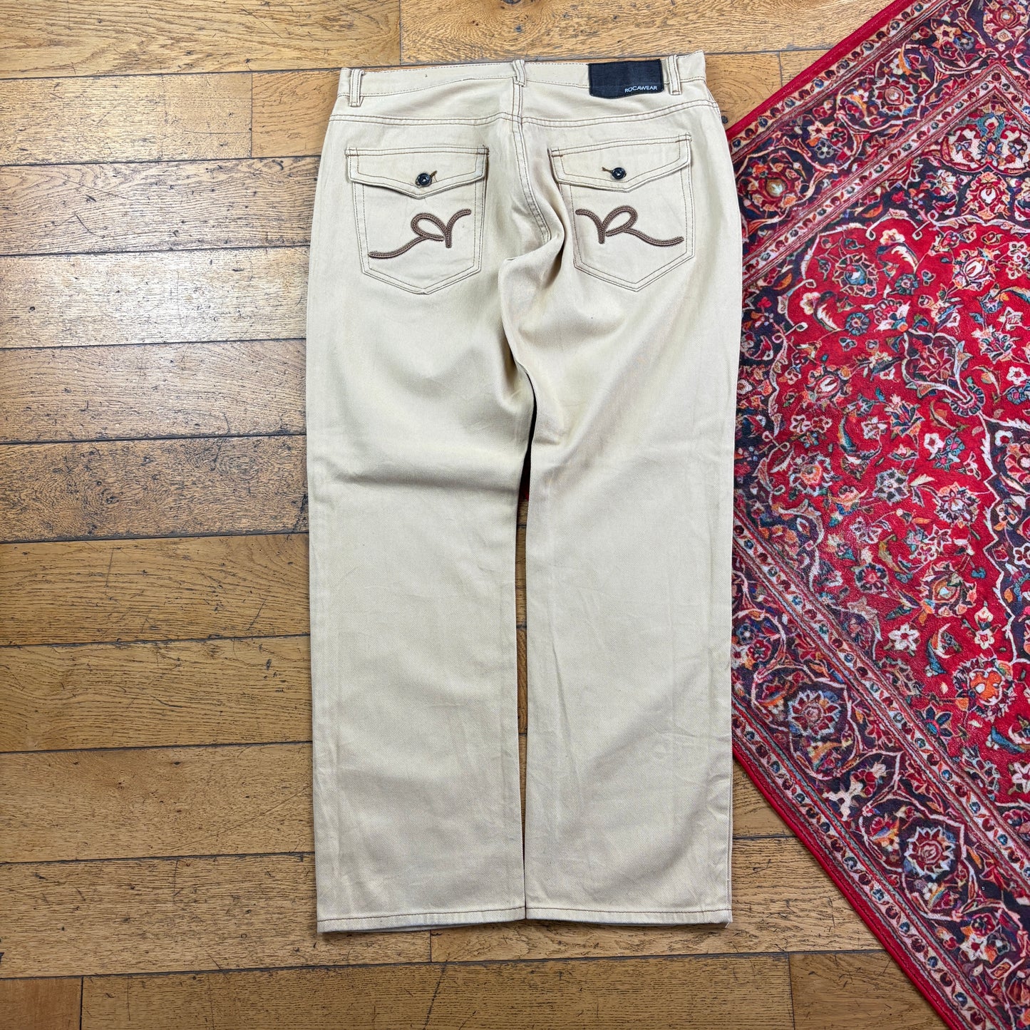 Vintage Rocawear Cream Embroidered Y2K Hip Hop Baggy Jeans - 38