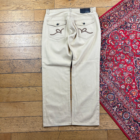 Vintage Rocawear Cream Embroidered Y2K Hip Hop Baggy Jeans - 38