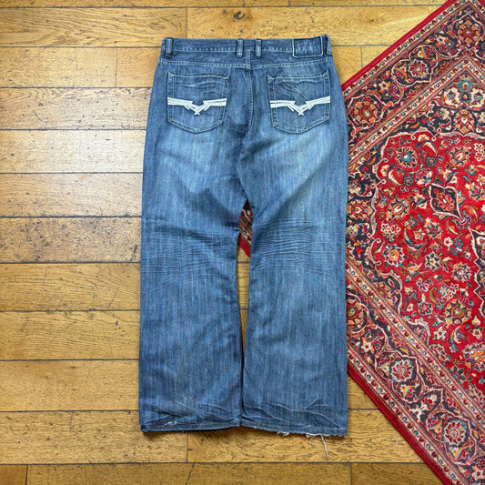 Vintage Helix Blue Embroidered Y2K Hip Hop Bootcut Baggy Jeans - 38