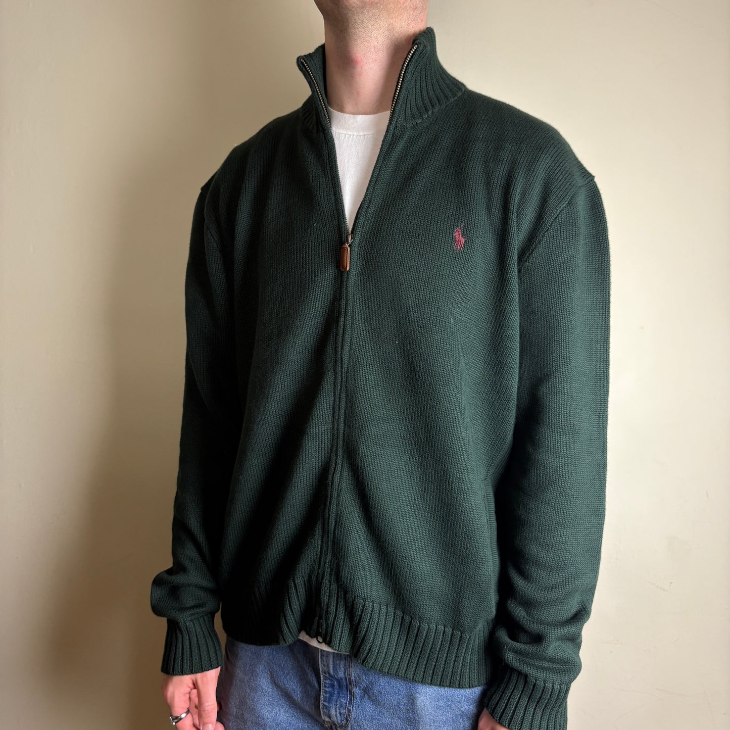 Vintage Ralph Lauren Green Knit Quarter Zip Jumper Embroidered Sweatshirt - L