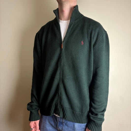 Vintage Ralph Lauren Green Knit Quarter Zip Jumper Embroidered Sweatshirt - L