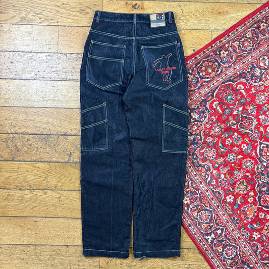 Vintage Black Contrast Stitch Embroidered Y2K Hip Hop Jeans - 28