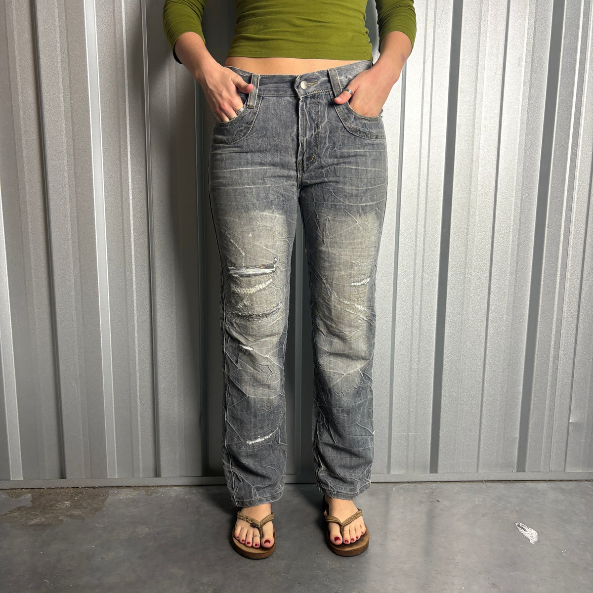 Embroidered Grey Grunge Japanese Denim Hip Hop Y2K Baggy Jeans - 30S