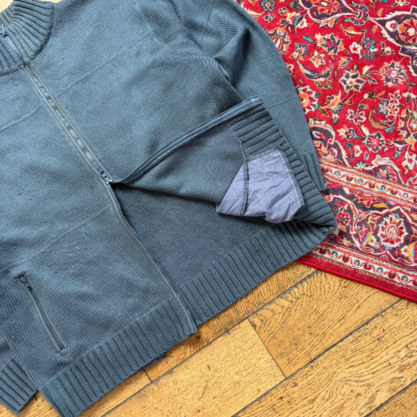 Vintage Stussy Grey Double Zip Chunky Knit Jumper - L
